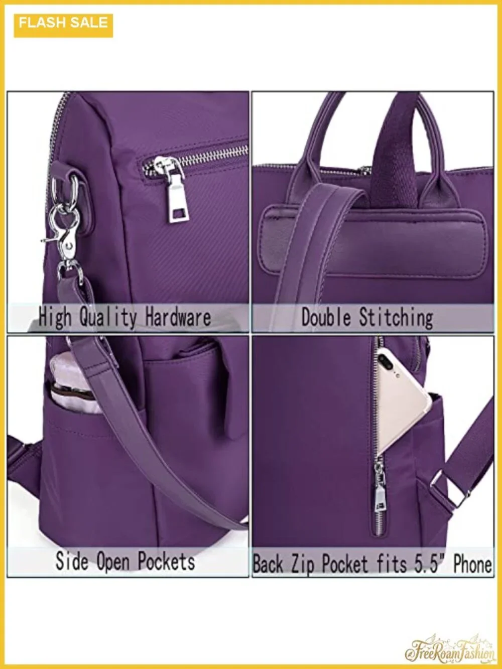 Women's Waterproof Nylon Laptop Backpack Purse with Detachable Crossbody